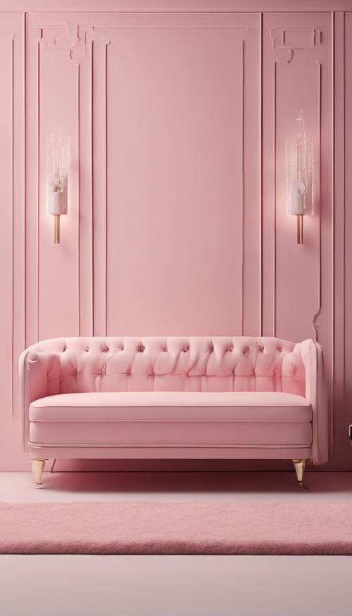 White furniture in a room with pink walls and minimalist aesthetic.