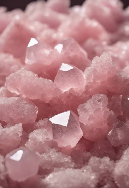 Eine künstlerische Komposition aus rosa Rosenquarzkristallen, die auf einer flauschigen weißen Wolke verstreut sind.