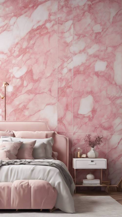 Pink marble themed wallpaper in a minimalist bedroom.