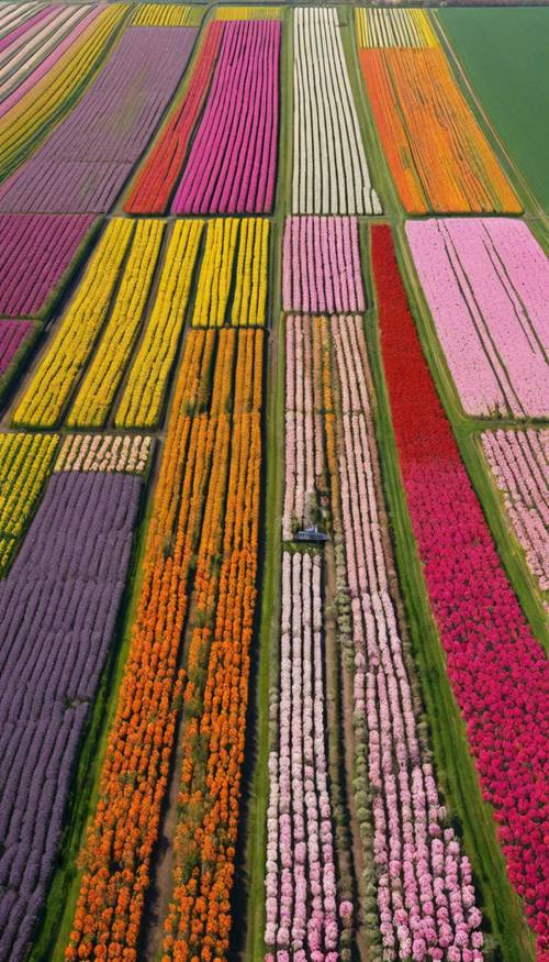 Una vista aérea de un mosaico de campos de tulipanes de colores brillantes en primavera en Keukenhof, Países Bajos.