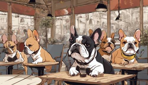 Un gruppo di bulldog francesi in stile anime con varie espressioni, che giocano in un caffè parigino.