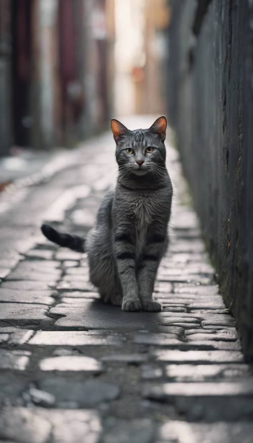 Um gato de rua em um beco urbano e arenoso, seu pelo em um tom único de cinza metálico.