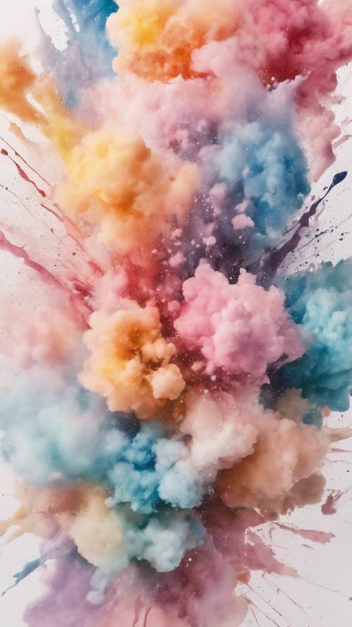 Eine Explosion pastellfarbener Wasserfarben, verteilt auf einer weißen Leinwand.