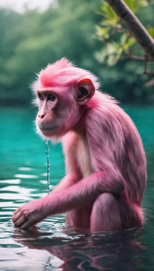 A pink monkey cautiously sipping from a calm, turquoise river.