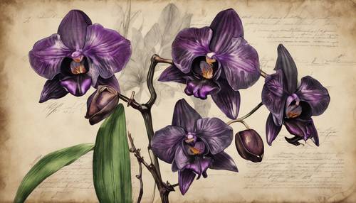 A botanical illustration of black orchids with touches of purple, on vintage parchment paper