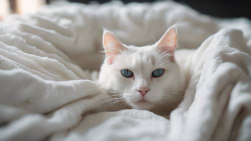 חתול לבן נהנה מנמנם במיטה של ​​כביסה רכה ורעננה.