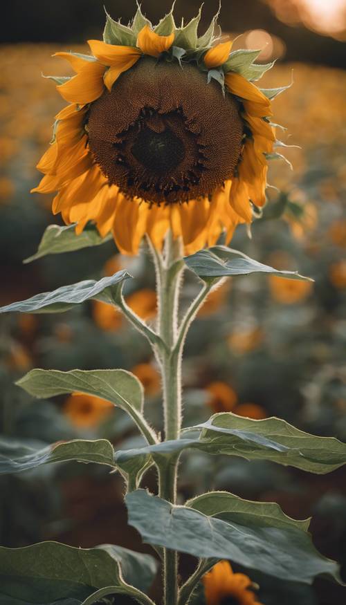 A closeup of a sunflower, with a vivid yellow and orange petals and a dark center.