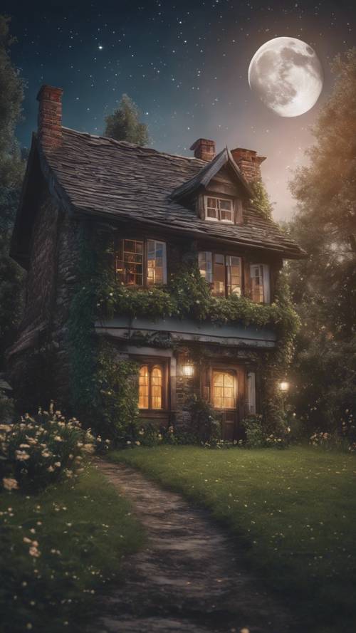 A quaint cottage under the mystical moon surrounded by an enchanted forest under the star-flecked sky.