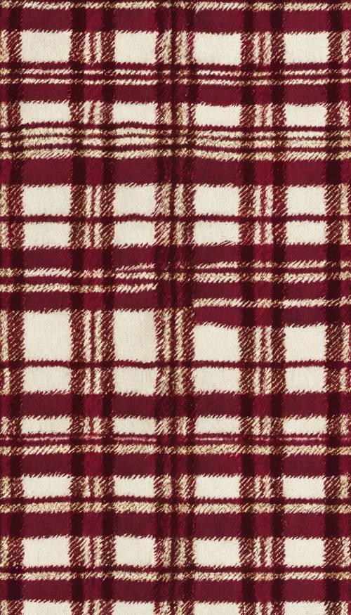 An intricate pattern of burgundy and gold plaid on a Christmas sweater.
