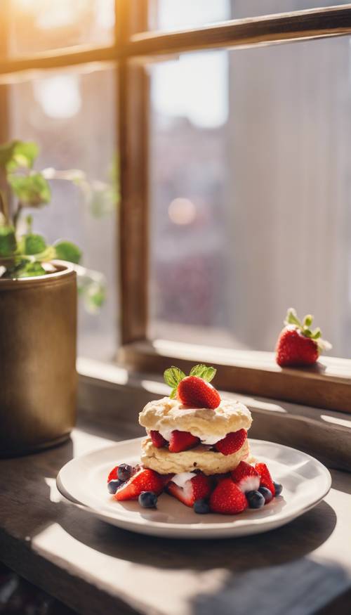 עוגת תותים קלאסית עם ביסקוויטים אווריריים ופירות יער טריים, מונחת ליד חלון עם אור שמש זורם פנימה.