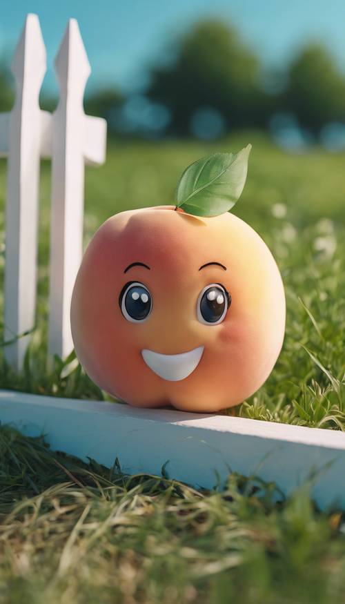 A kawaii-styled small peach frolicking merrily on a grassy hill under a clear blue sky, with a painted white picket fence. Шпалери [322c7c87027d49b49591]