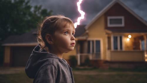 A cute little girl marveling at the lightning from the safety of her house