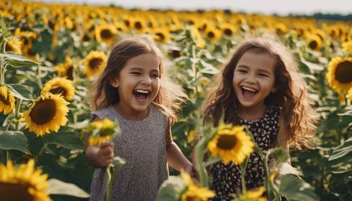 Crianças rindo e brincando em meio a um campo de girassóis.