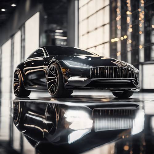 A modern, elegant car with a sleek, streamlined design and cutting-edge technology features in a glossy black color. Tapeta [6b052b599a944124a90a]