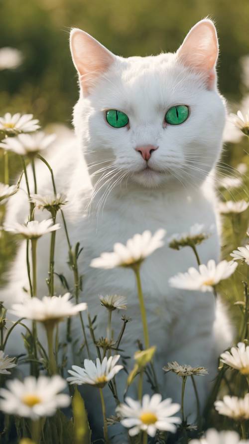 An adult white cat with emerald eyes sitting in a field of daisies during daytime.
