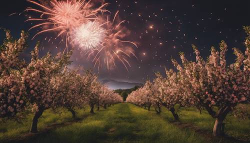 A dazzling display of fireworks lighting up the night sky over a lush peach orchard in full bloom.