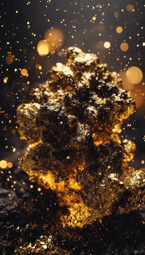 Glitter preto e dourado se misturando como uma erupção de magma durante a noite
