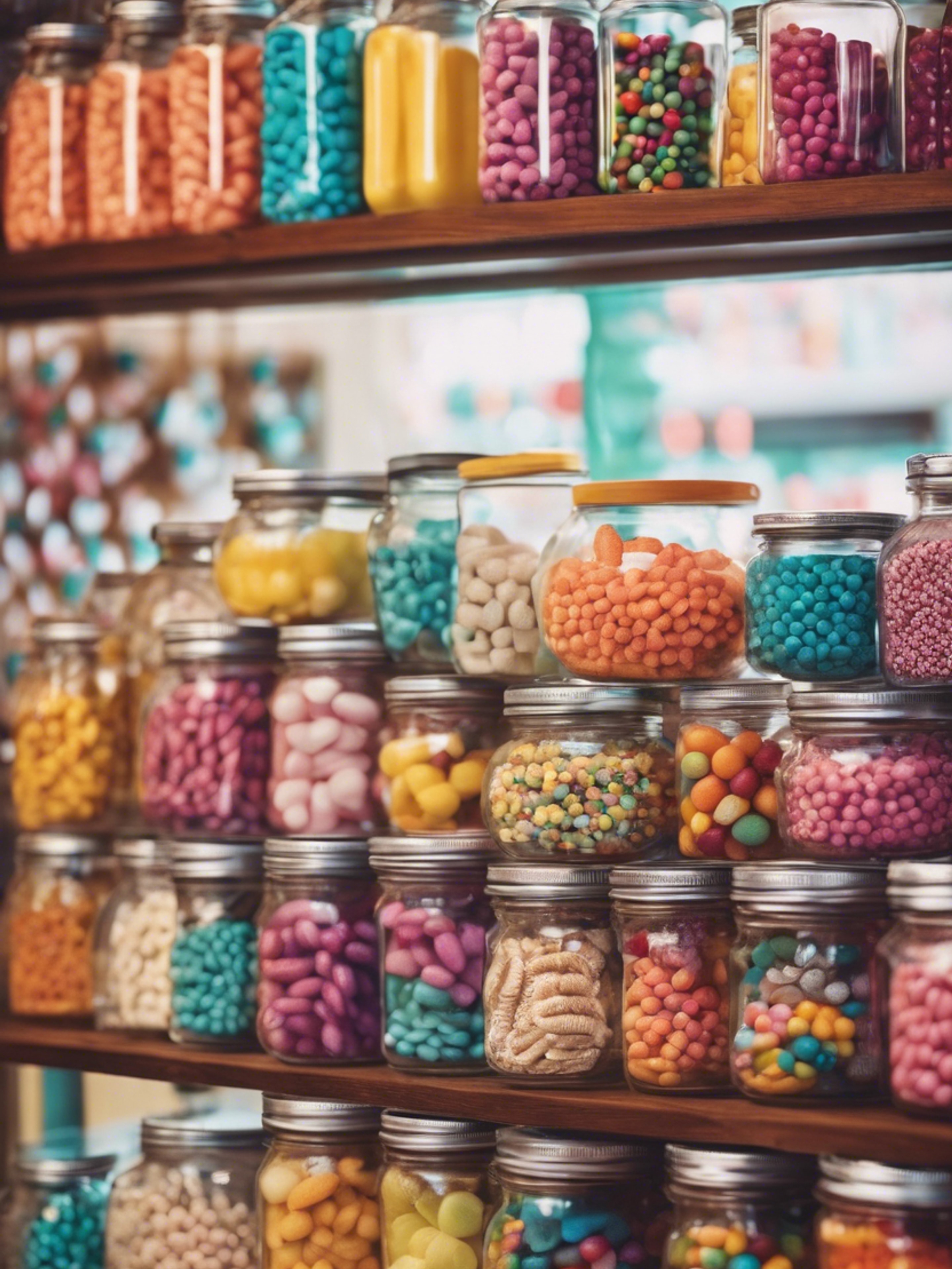 Retro candy store filled with jars of colorful treats. 벽지[53bdbe1ef5c6451abca1]