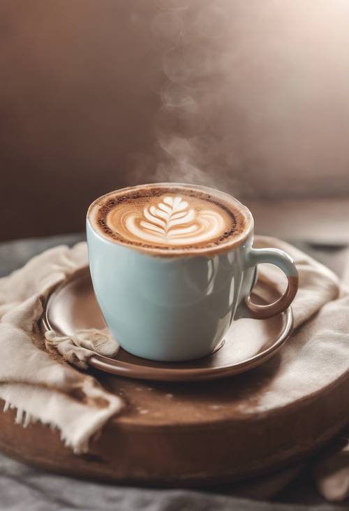 Eine pastellbraune Kaffeetasse mit schaumigem Cappuccino gefüllt