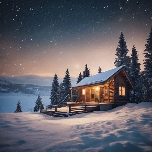 Paisagens nevadas majestosas com uma cabana de madeira bem iluminada e estrelas cintilantes no céu.