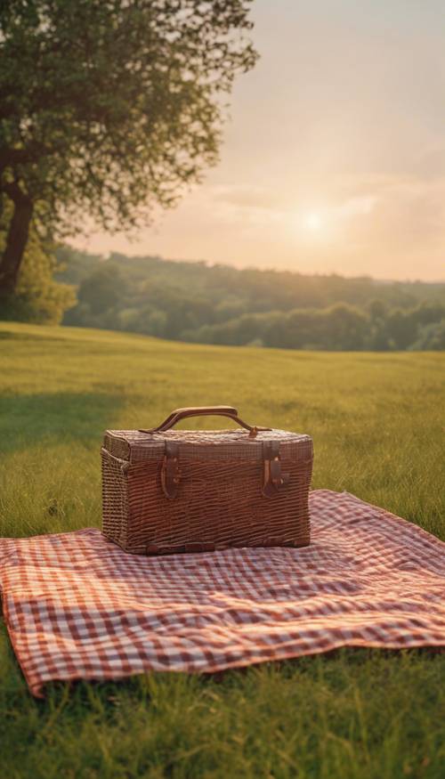 A brown checkered picnic blanket spread out on a lush green meadow with hazy sun in the horizon