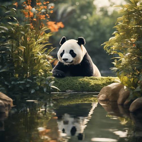 Um panda curioso espiando dos arbustos em direção a um lago calmo com peixes koi.