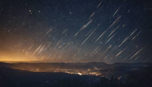 Una pioggia di meteoriti abbagliante contro un cielo notturno blu scuro.