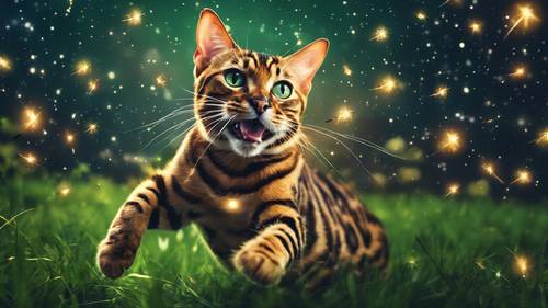 Arte digitale di un gatto del Bengala che salta giocosamente dietro le lucciole luminose in un prato verde lussureggiante sotto un cielo notturno stellato.