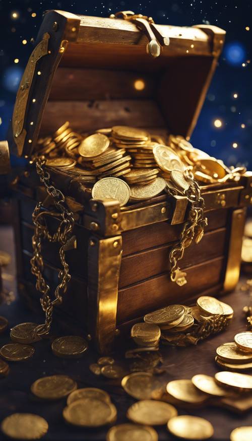 Сундук с сокровищами, переполненный блестящими золотыми монетами в звездную ночь.