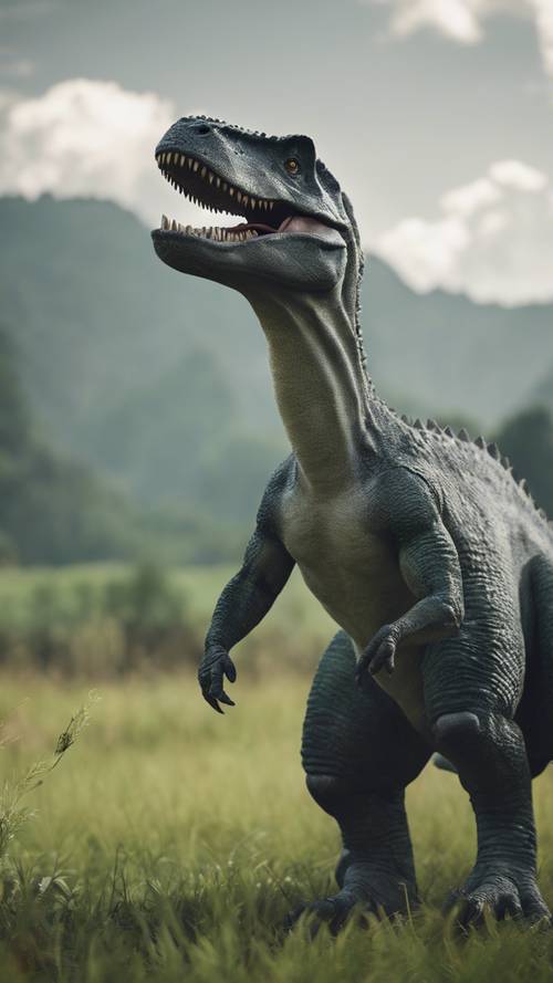 In the middle of an open, green meadow, a gray dinosaur sits, gazing curiously.