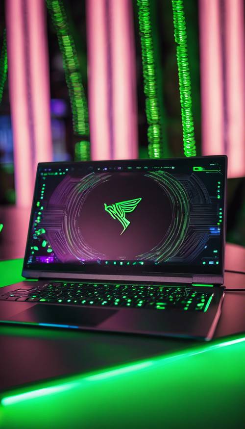 Pola lampu neon pada laptop Razer Blade Pro yang berjejer dengan logo Razer memancarkan warna hijau terang.