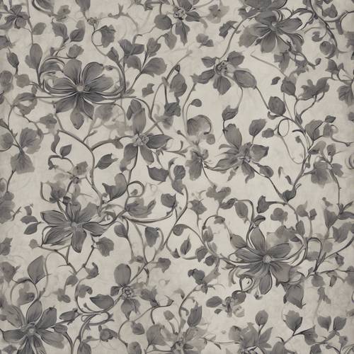 Un patrón de papel tapiz antiguo con flores y enredaderas grises.
