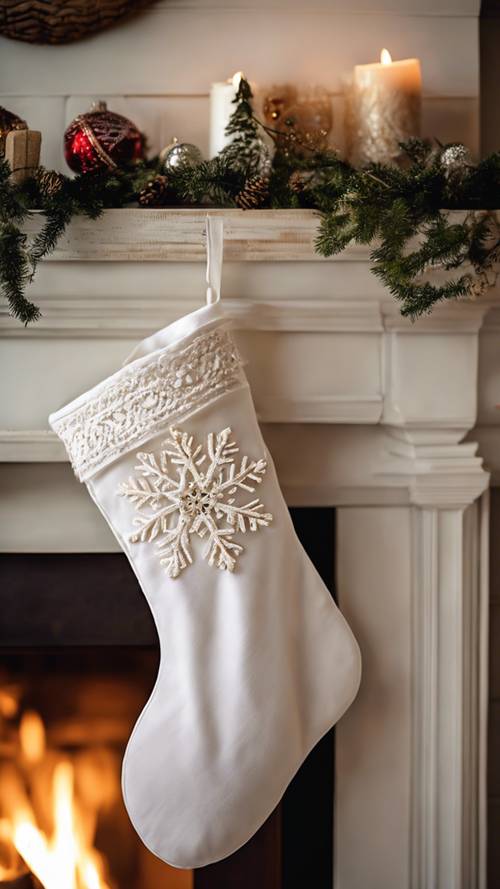 A white fabric Christmas stocking adorned with intricate snowflake embroidery hanging from a polished wooden mantle, a roaring fire beneath.