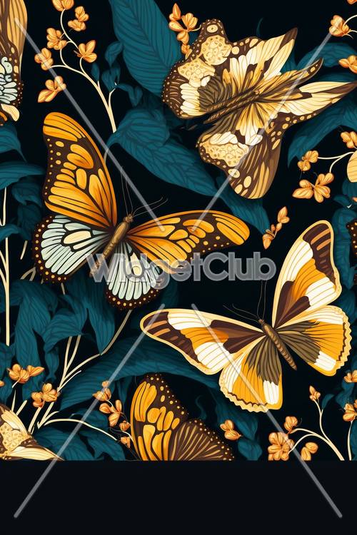Lebendiges Muster mit Schmetterlingen und dunklen Blättern