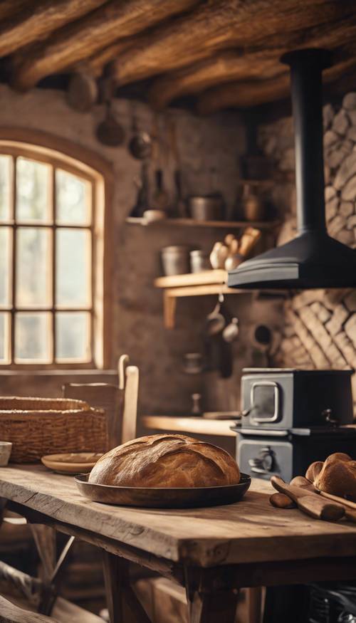 An indoor scene showing a rustic cottage kitchen with a wood-burning stove, copper utensils, and freshly baked bread on the table. Taustakuva [fc01c2ed258045d49e22]