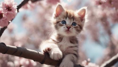 Perspective of a kitten climbing up a blossoming cherry tree.