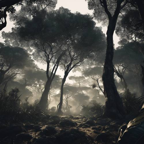 Una jungla oscura bajo la luz de la luna con siluetas sombrías de árboles grandes y centenarios.