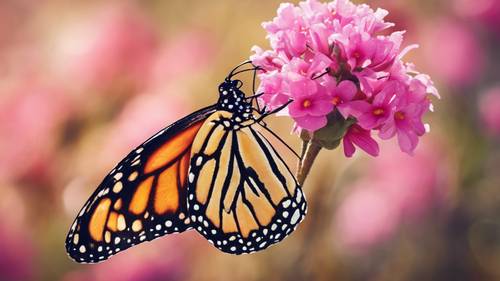 Kupu-kupu raja yang cantik bertumpu pada bunga merah muda cerah.