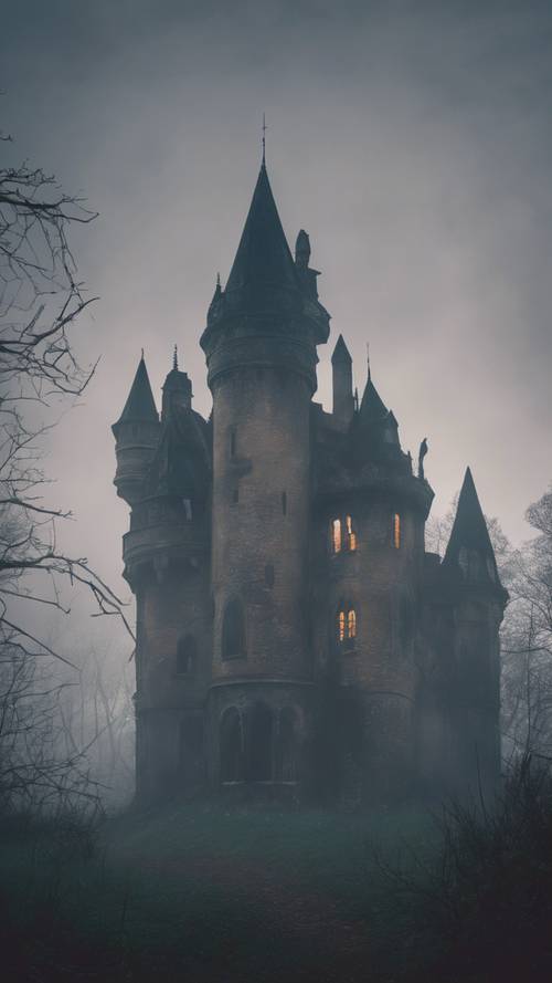 Um castelo gótico abandonado envolto na densa neblina de uma noite misteriosa.