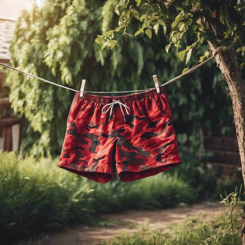 Celana pendek lari bermotif kamuflase merah yang bergaya tergantung di tali jemuran di halaman belakang.