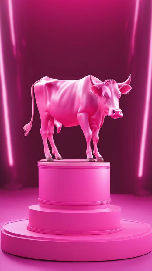 充滿活力的粉紅色牛的 3D 設計保持在時尚跑道上的基座上。