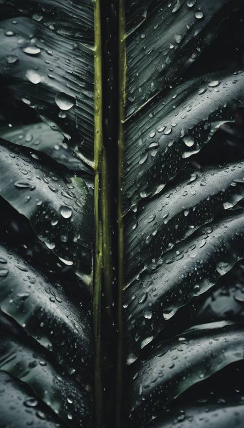 Hafifçe yağmur damlalarıyla kaplanmış koyu siyah bir muz yaprağı.