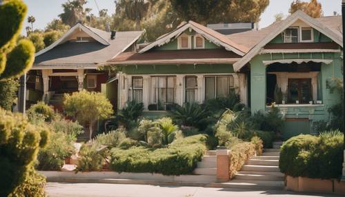 A cozy residential neighborhood in Echo Park, Los Angeles with lush green foliage and charming bungalows.