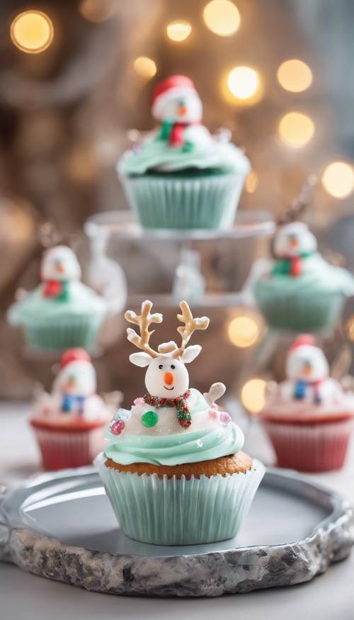 Cupcakes navideños en tonos pastel decorados con un lindo glaseado de muñeco de nieve y reno sobre un soporte de vidrio transparente.