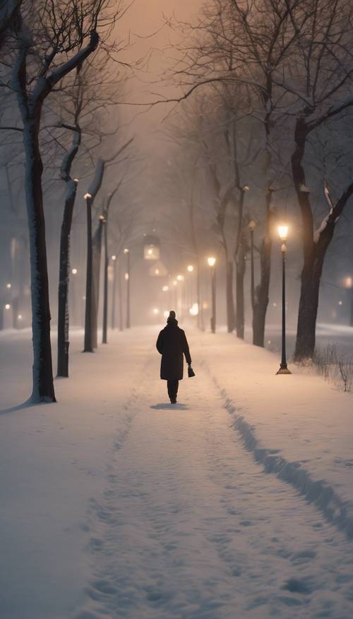 A lone figure with a lantern walking on a deserted snow-covered street under the glow of streetlamps. Wallpaper [af7bbcd449e94d5285b6]