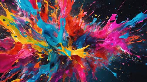 ציור אבסטרקטי מודרני עם נתזים עזים של צבעי ניאון המעוררים תנועה אנרגטית.