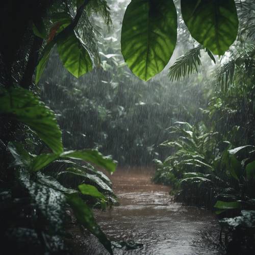 A jungle scene during a rainstorm, heavy raindrops falling on large leaves, animals taking shelter.