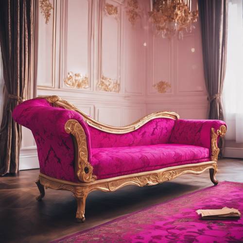 Eine luxuriöse Chaiselongue aus leuchtend rosa Damast in einer königlichen Suite.