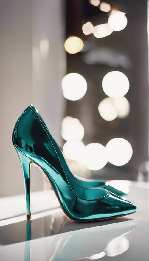 Un zapato de tacón de aguja de color verde azulado metálico, colocado sobre una superficie blanca brillante, que refleja las cálidas luces de la habitación.