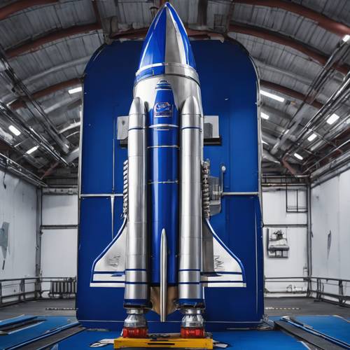 Un llamativo cohete azul real y cromado listo para su lanzamiento.
